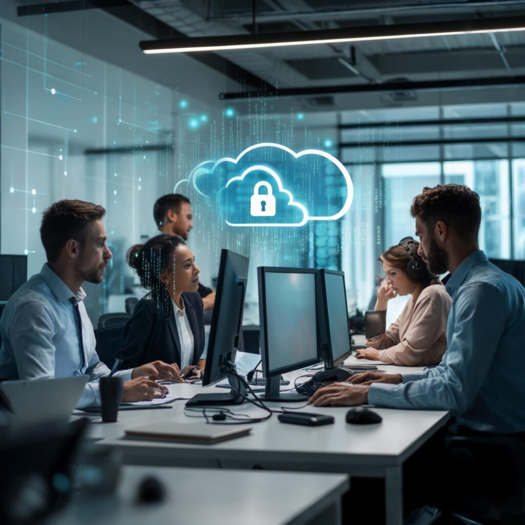 Australian cybersecurity team securing cloud data with Google Workspace security controls in a modern office.