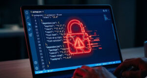 Developer's screen showing a package.json file with a red security warning icon, representing a compromised developer package supply chain attack
