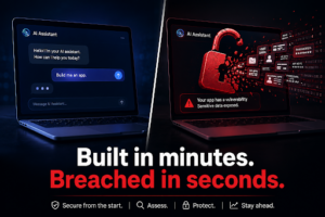 Illustration showing the vibe coding security risks of building AI-generated apps without proper security controls.