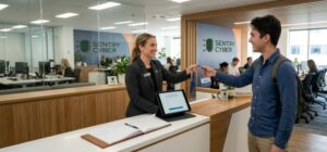 Visitor signing a visitor register on a tablet at an office reception desk while receiving a visitor badge.