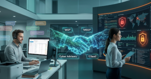 MSP vs MSSP comparison showing an IT helpdesk technician and a cybersecurity analyst monitoring security alerts