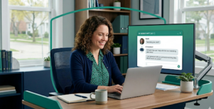 Small business owner using a generative AI chatbot safely under an AI use policy
